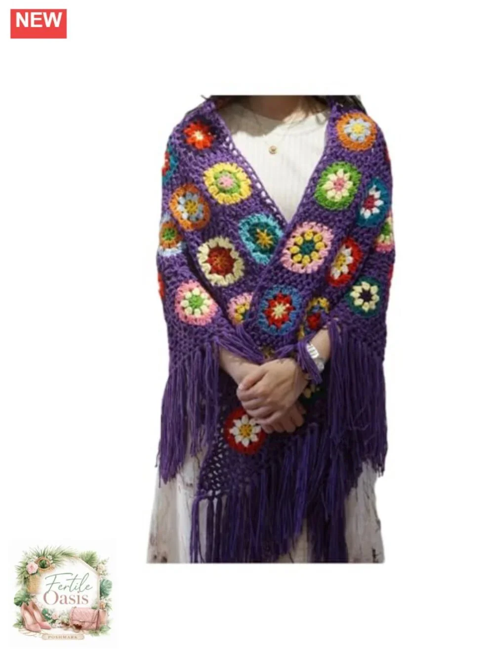 Boho Crochet Shawl Wrap Lightweight Handmade Fringe Pashmina Women